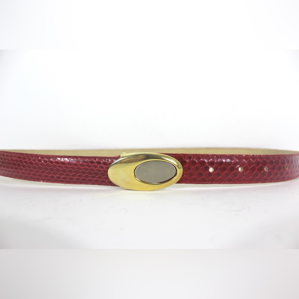 80’s Red Genuine Snake Leather Belt with Gold and Silver Buckle, Small S